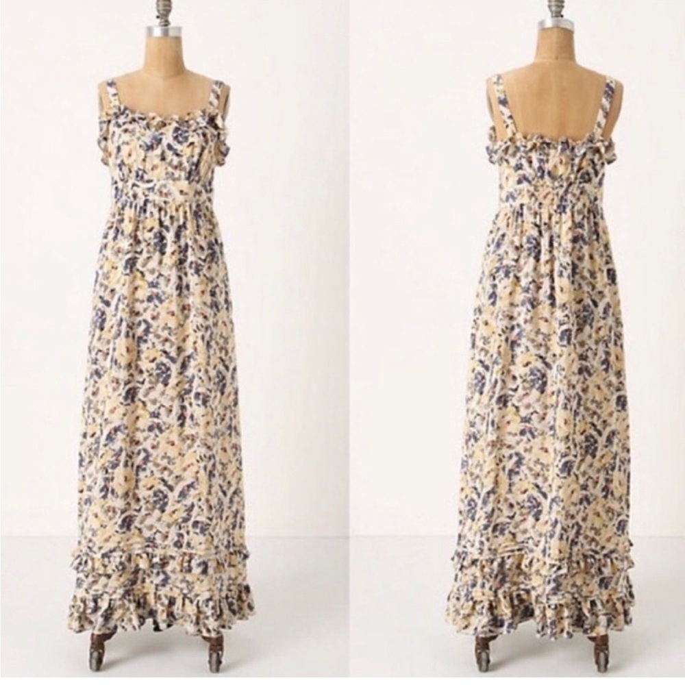 Anthropologie Moulinette Soeurs Hydrangea Floral Ruffle Silk Maxi Dress